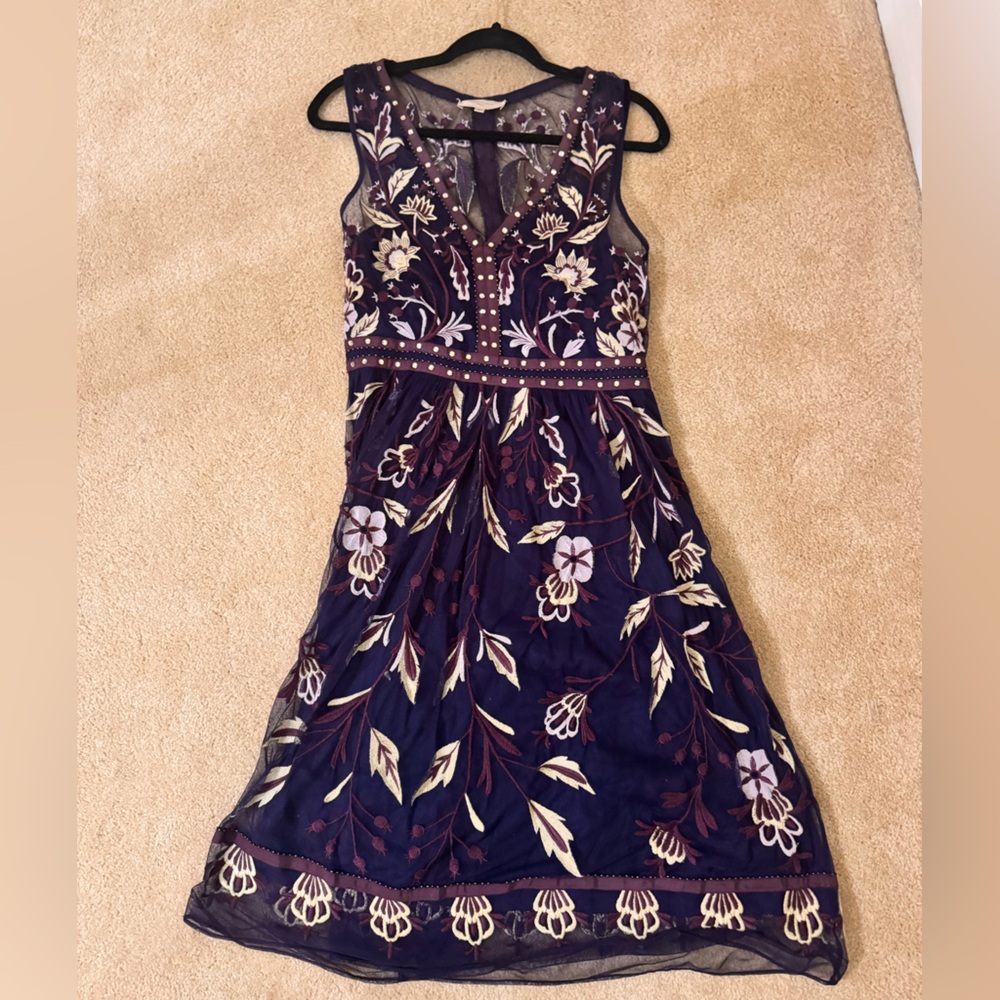 Anthro Moulinette Soeurs Purple and Cream Embroidered Midi Dress - Picture 3 of 8